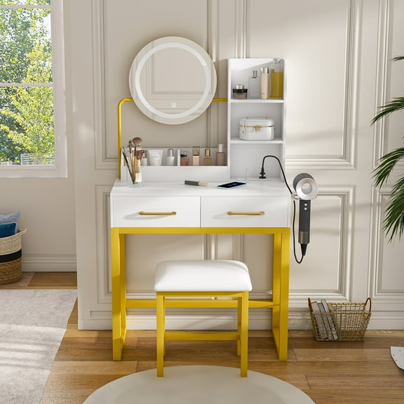 Makeup Vanity Desk with Lighted Mirror, Paproos Yellow Vanity Table, Vanity Dressing Table with Power Outlet & Hair Dryer Stand, Makeup Table and Stool Set with Drawers & Storage Shelves, Metal Legs
