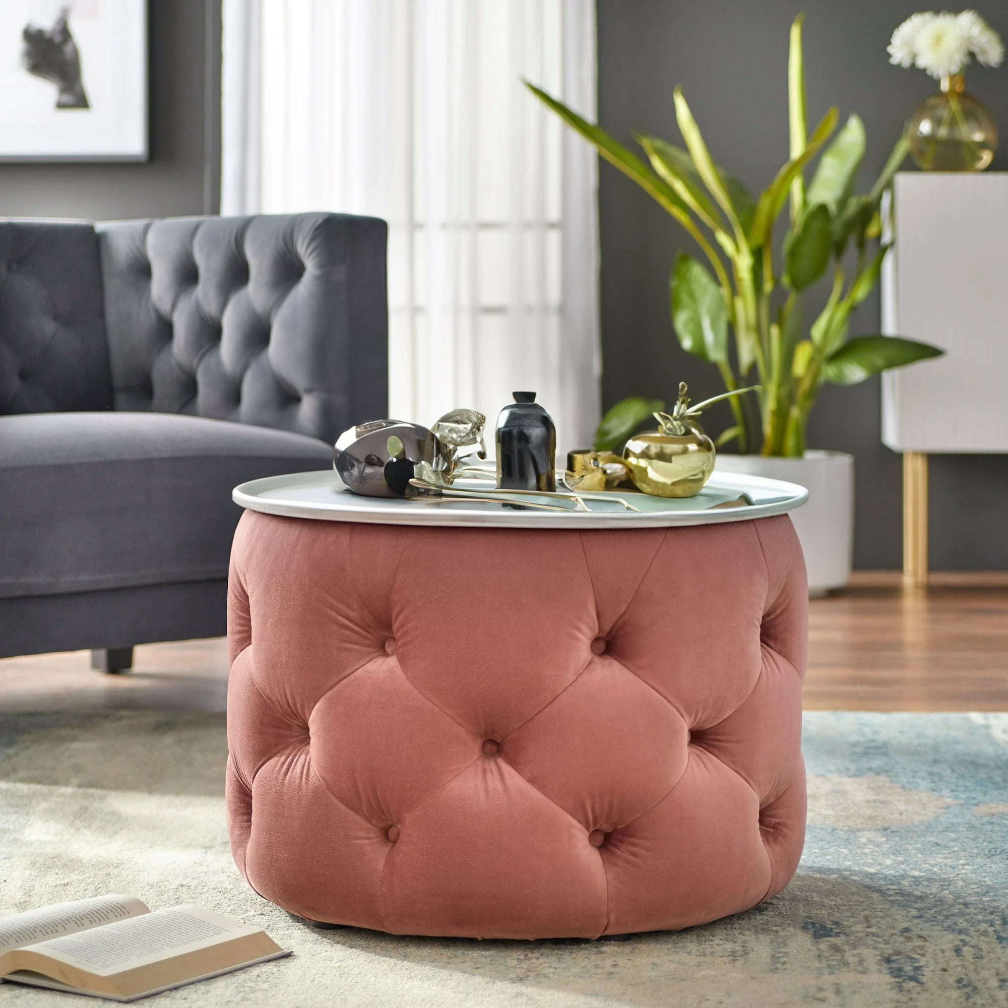 TMS Scopi Round Velvet Tufted Ottoman, Blush Pink