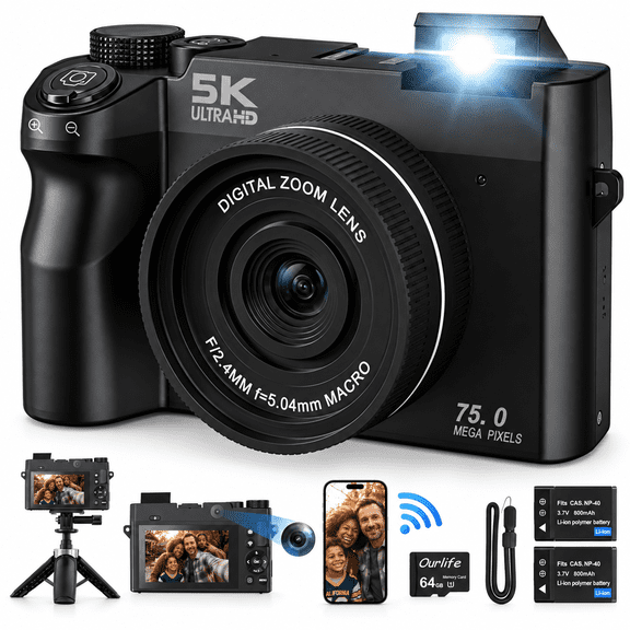 5K Digital Camera, 72MP Vlogging Camera with Webcam for YouTube TikTok, 18X Zoom, 3.0" IPS Screen, Mic Support, Wifi, 64GB, Tripod, Black