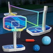 Skyhot 2-in-1 LED Pool Volleyball & Basketball Game Set, Light Up Pool Sport Combo Set with LED Rim/2 Balls/2 Base/Pump, Ground Swimming Pool Toy Summer Party Games for Adults & Family
