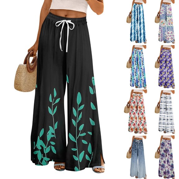 Women’s Summer Loose Wide Leg Floral Print Pants Elastic Waist Drawstring Trousers with Pockets for Casual Daily Wear Black L