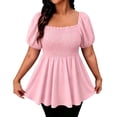thumbnail image 2 of SSZMDLB Women Square Neck Tops Puff Sleeve Smocked Flowy Blouse Tshirt Casual Plus Size Summer Outfits Vacation Beach Wear Cute Tee Shirt, Pink 4XL, 2 of 5