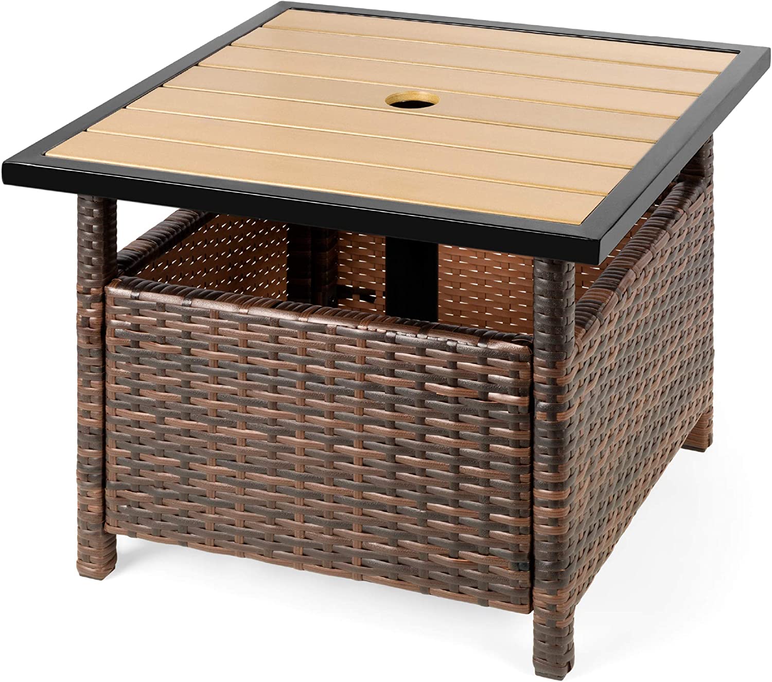 Wicker Side Table with Umbrella Hole, Square PE Rattan Outdoor End Table for Patio, Garden, Poolside, Deck w/UV-Resistant Frame, Storage Space, Brown - image 1 of 7
