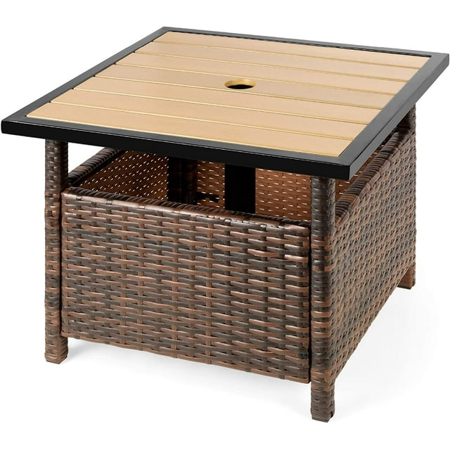 Wicker Side Table with Umbrella Hole, Square PE Rattan Outdoor End Table for Patio, Garden, Poolside, Deck w/UV-Resistant Frame, Storage Space, Brown