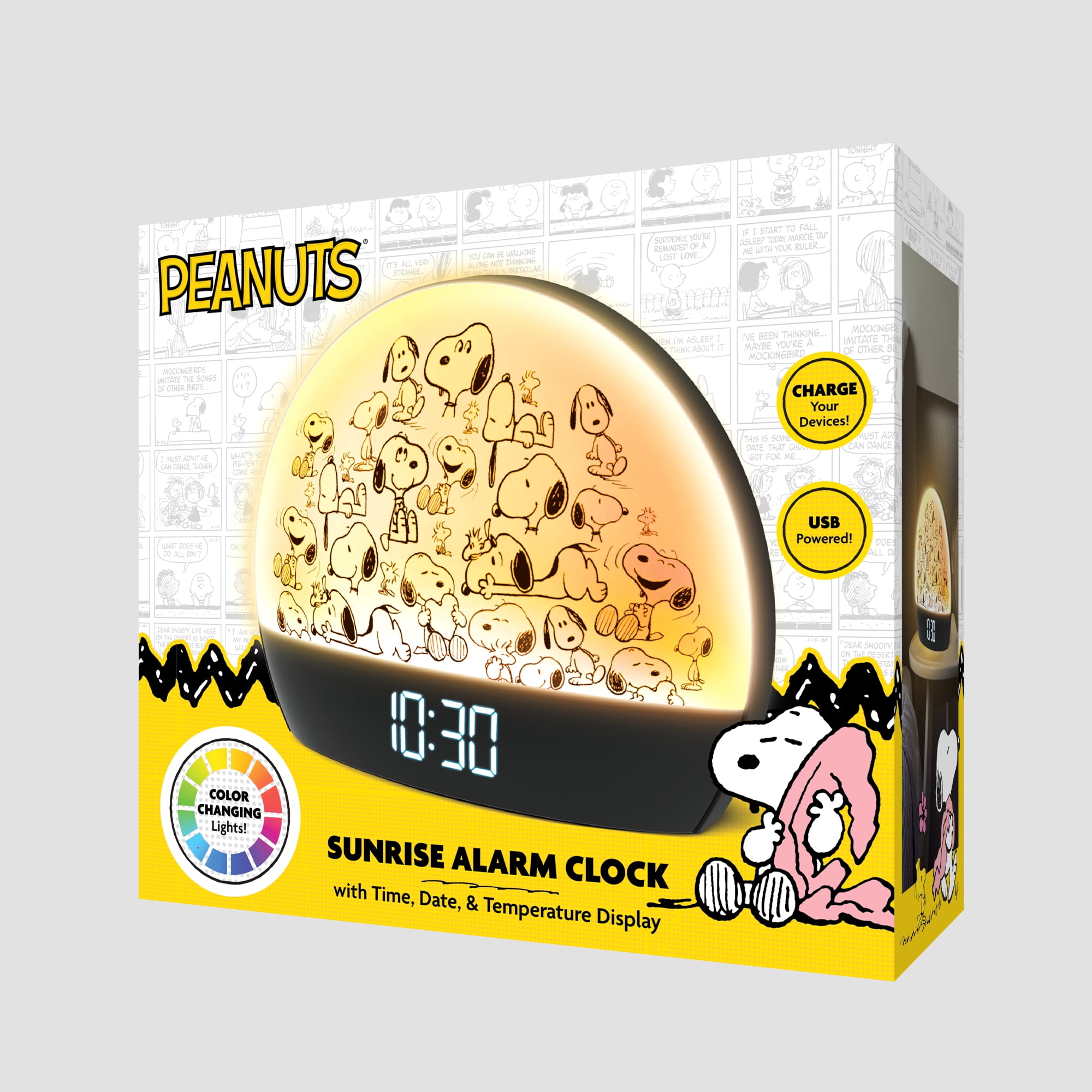 Peanuts Snoopy Sunrise Alarm Clock – Vibrant Snoopy Edition with Multicolor Lights, USB Charging, LED Display, Gentle Wake-Up Simulation, and Handy Snooze Function, Black