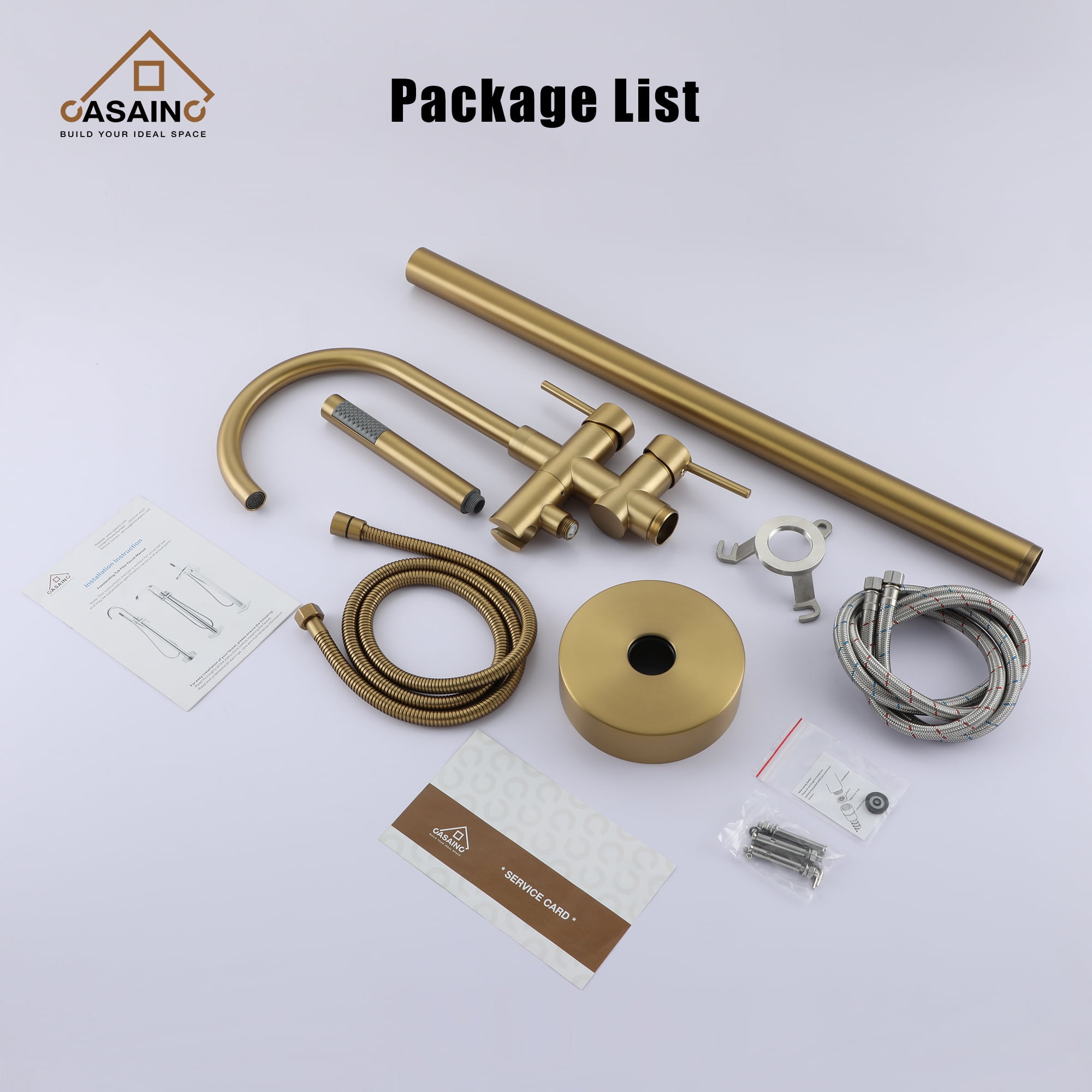 CASAINC Double-Handles Floor-Mount High Arch Tub Faucet High Flow Bathroom Tub Filler with Handshower in Brushed Brass