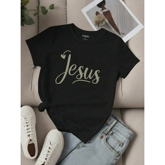 LUNE Women's Tops Letter "Jesus" Simple Graphic Print Round Neck Short Sleeves T-Shirt