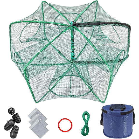 Minnow Trap 24in*10in” with Foldable Fishing Net & Collapsible Fish Bucket - Crab, Crawfish, Shrimp Trap for Freshwater Saltwater Fishing (6-Sided)