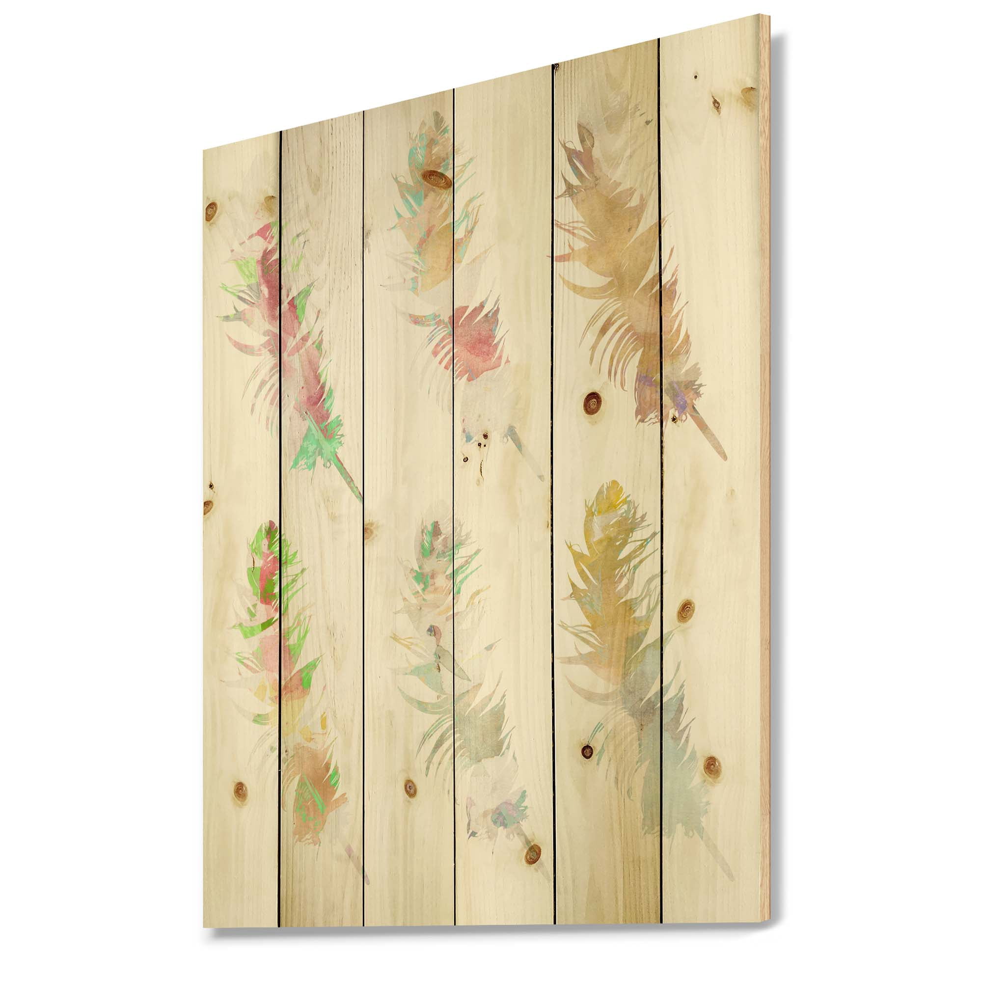 Designart 'Vibrant Boho Art Feather In Rustic Bright Colors' Bohemian & Eclectic Print on Natural Pine Wood