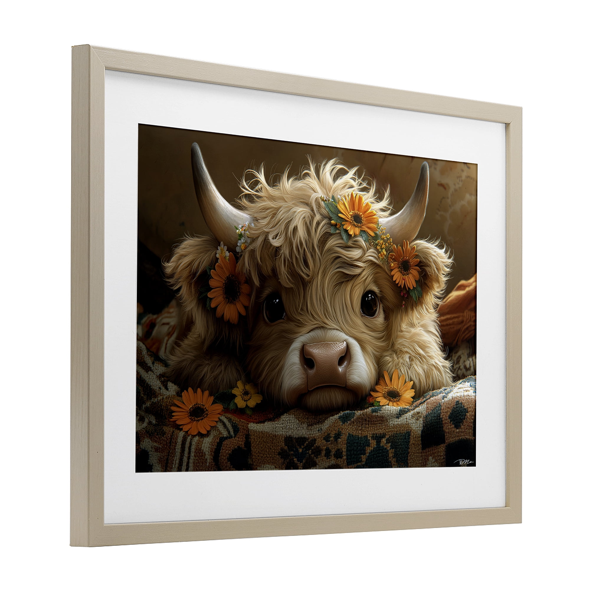 Adorable Flower Bedecked Cattle Birch Framed Print Under Glass, design by Momart