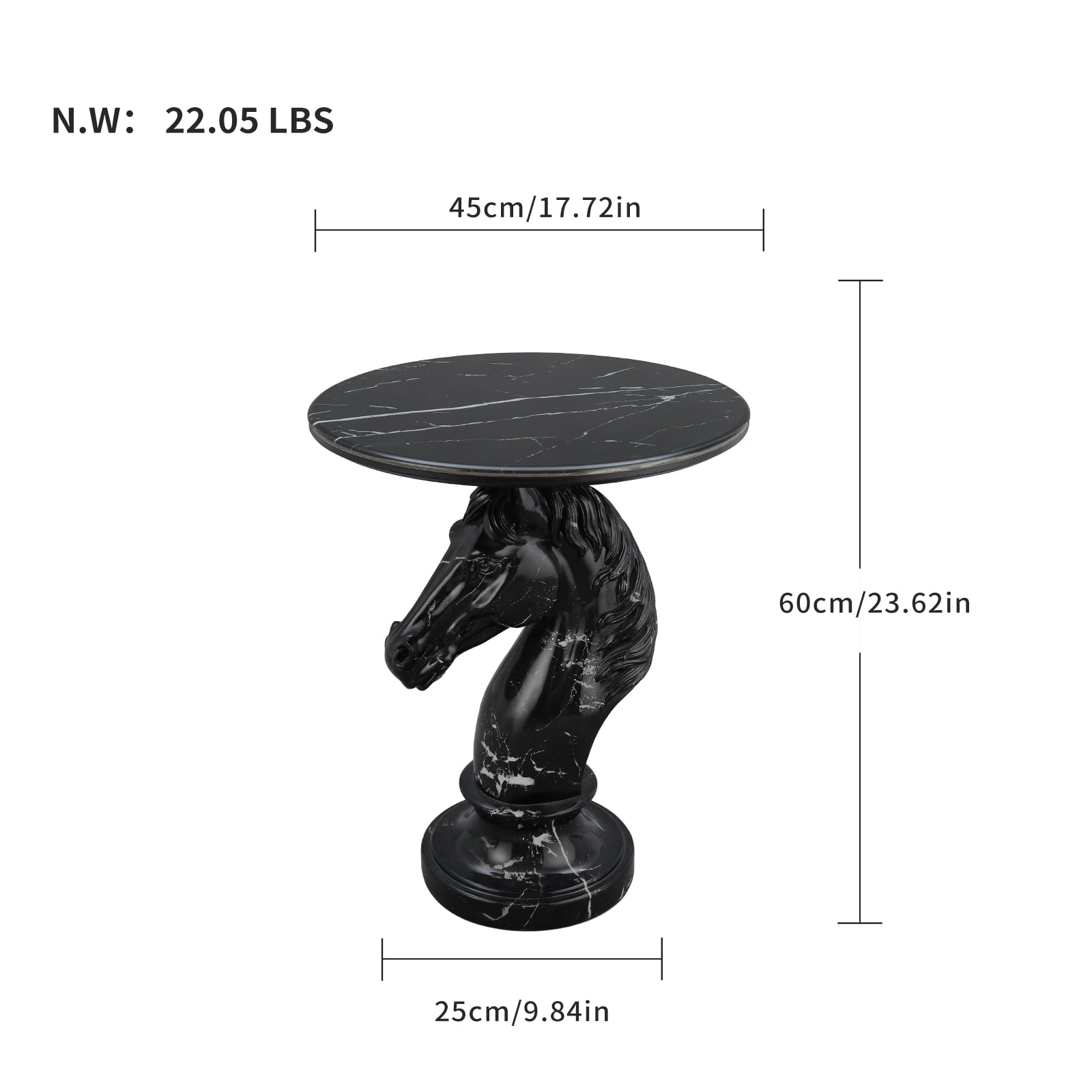 Horse Head Accent Table, Animal Statue End Table with Faux Marble Top, Resin Sculpture Side Table for Living Room, Office, Equestrian Themed Decor, Black
