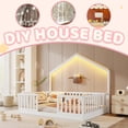 thumbnail image 3 of Full Size Montessori Floor Bed with High Rails, Wood House Beds Frame with LED Light, Low Profile Montessori Bed Full with Slats for Kids, Easy to Assembly, Full bed frames white, 3 of 11
