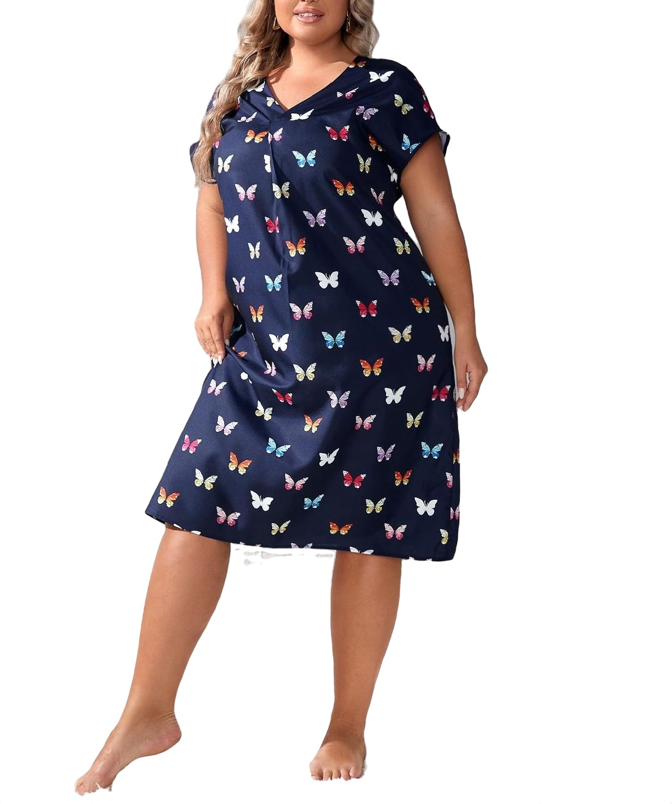 Navy Blue Casual All Over Print V neck Sleepshirts Short Sleeve Plus