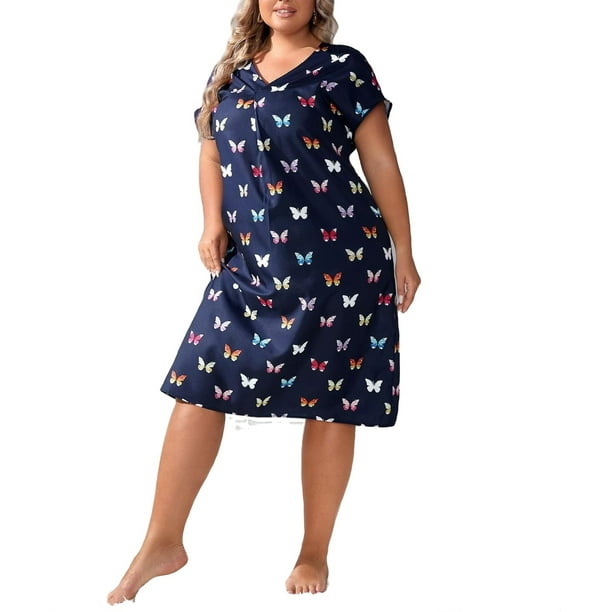 Navy Blue Casual All Over Print V neck Sleepshirts Short Sleeve Plus