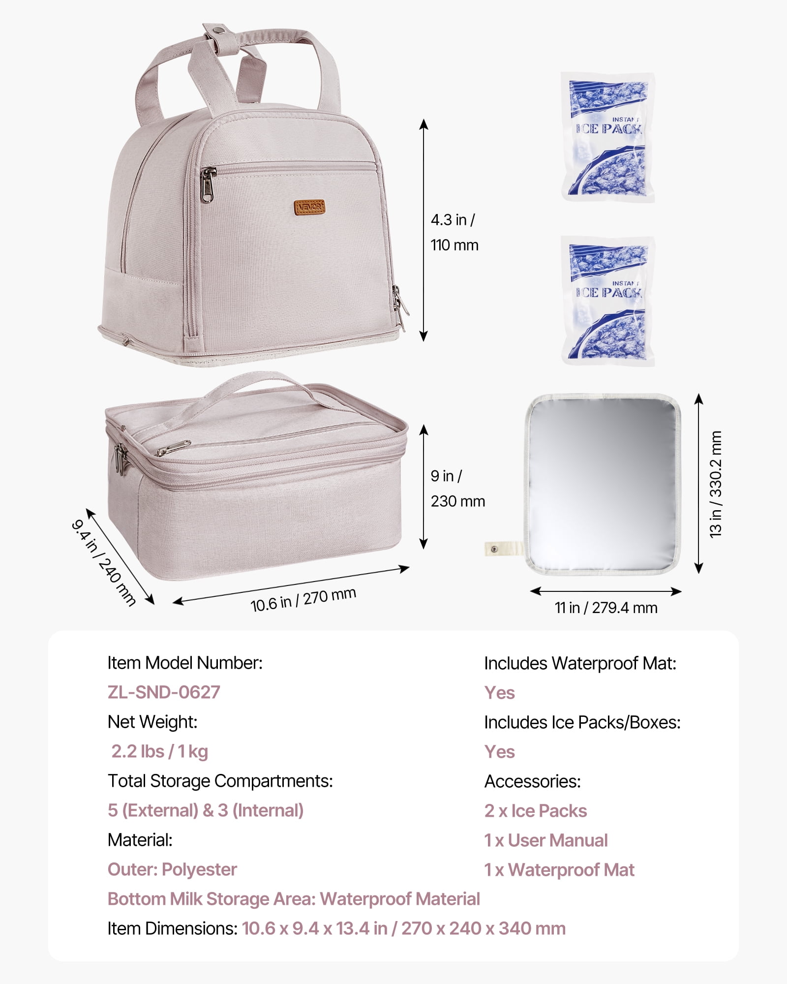 VEVOR Breast Pump Backpack, Breast Feeding Bag with Ice Pack, Fits for S1/S2, Pumping Accessories & Breastmilk Storage, Portable Pump Carrying Case for Work, Travel and Family Use, Light Pink
