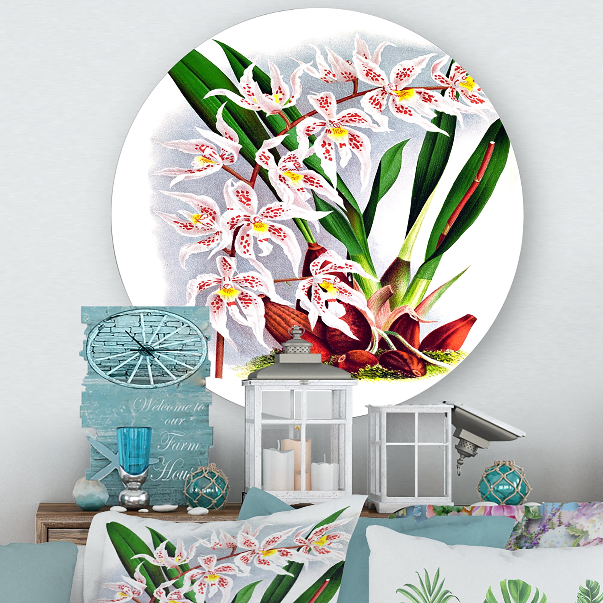 Designart 'White Vintage Orchid Flower II' Traditional Circle Metal Wall Art 11x11 - Disc of 11