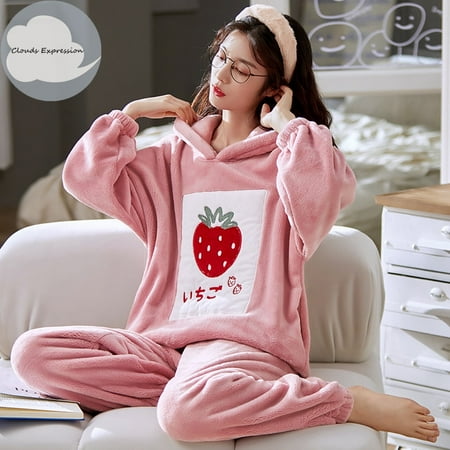 

QWZNDZGR Autumn Winter New Warm Flannel Men s Cartoon Couple Pajama Sets Thick Men Sleepwear Coral Fleece Plaid Sleep Lounge Pajamas