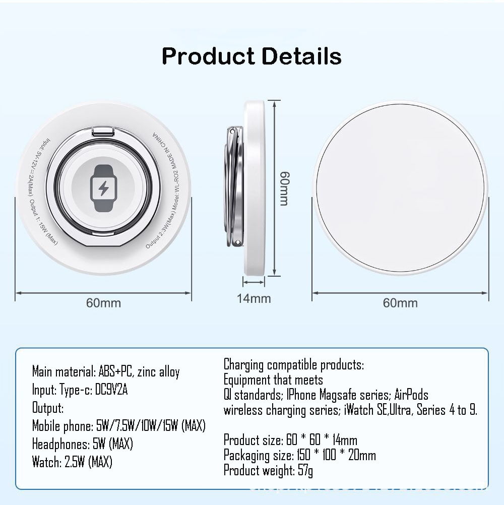 Suitable for MagSafe 3-in-1 wireless charger Apple 16/15 ProMax magnetic 14 watch iWatch,White,15w,1 pair