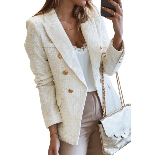 Womens Double Breasted Tweed Blazers Casual Long Sleeve Open Front Blazer Jackets Work Suits