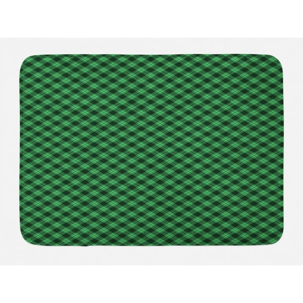 Plaid Bath Mat, Diagonal Tartan Vibrant Green Color Geometrical Design