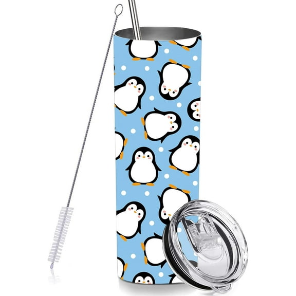 Penguin Skinny Tumbler Cup with Straw Lid, 20 OZ Stainless Steel Insulated Vacuum Blue Slim Travel Coffee Mug for Men Women