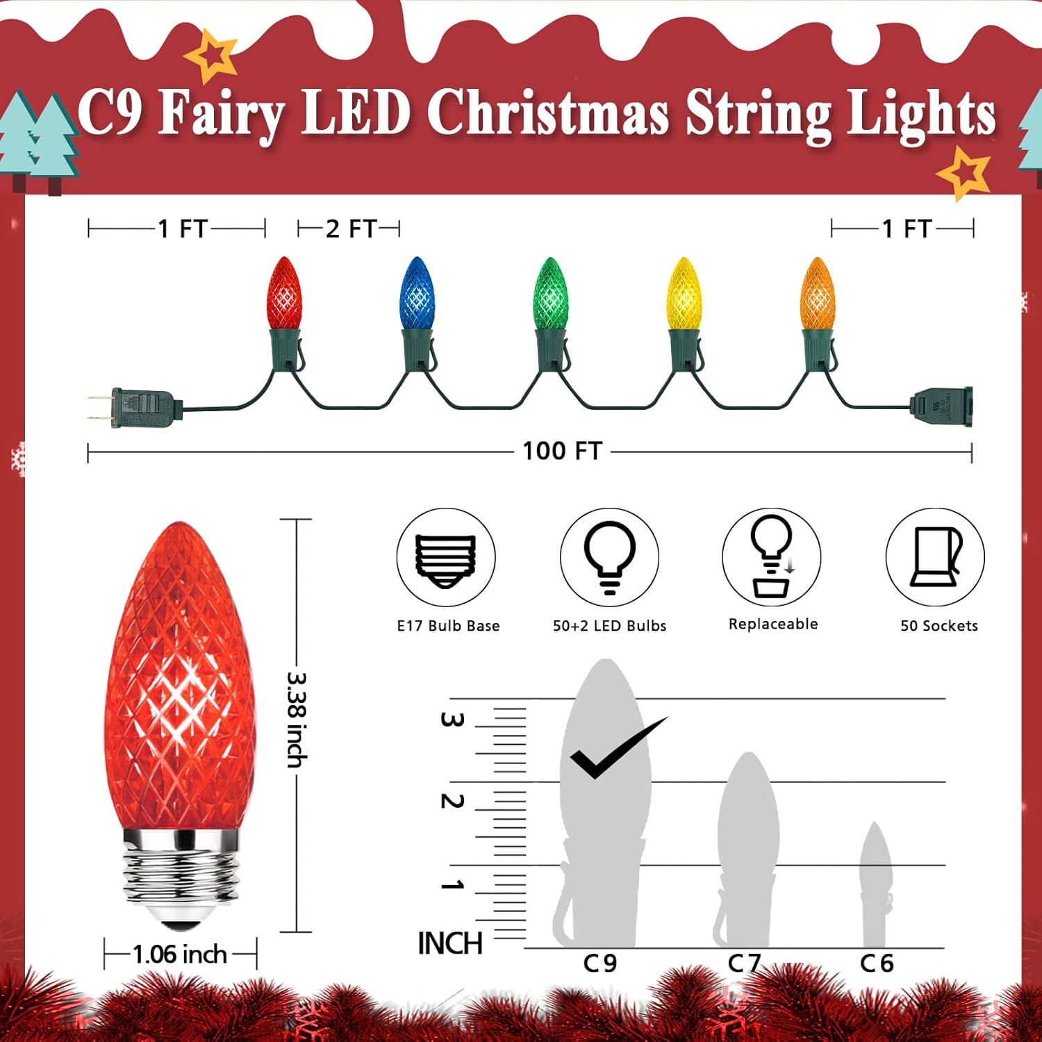 Nordic Hygge 100FT 50 LED Indoor Outdoor Christmas String Light for House Roof Patio Tree, Multicolor