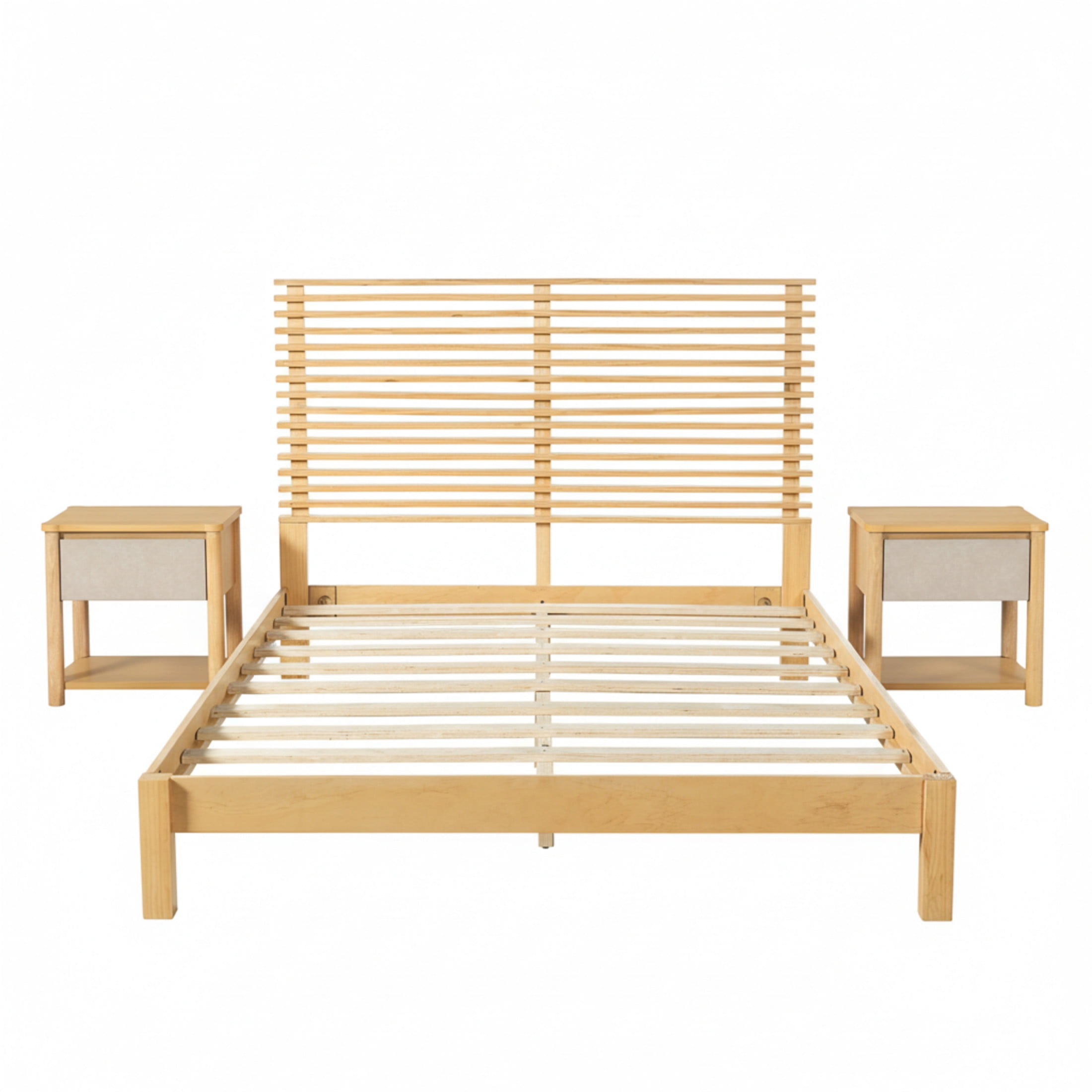 Christopher Knight Home Queen Wood Bed Frame with 2 Nightstands, Slatted Headboard Design, Natural