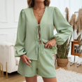 thumbnail image 5 of GZWYHT Sets for Women Lounge Sets for Women Women's 2 Piece Outfits Set Long Sleeve Tie Front Top Short Set Casual Tracksuit Pajama Sets 2 Piece Sets for Women Summer Sets for Women Green S, 5 of 9