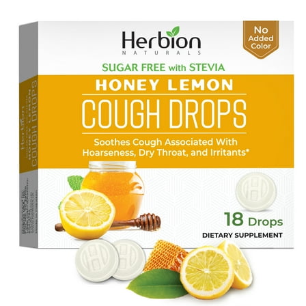 Herbion Naturals Cough Drops with Natural Honey Lemon Flavor, Sugar-Free with Stevia, Dietary Supplement, Soothes Cough, For Adults and Children over 6 years, 18 Drops, No Artificial Flavor, No Added