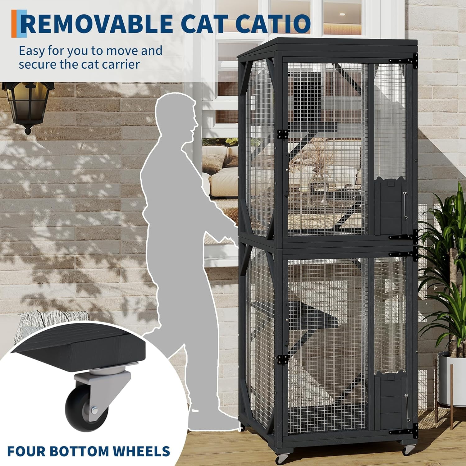 Garvee 4 Tiers Catio 32.3 x 31.8 x 74.8", Outdoor Cat Enclosure, with 4 Wheels, Black