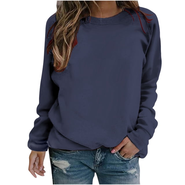 Yuyuzo 2025 Automne Chandail Sportif Uni pour Femme Décontracté Ample à Col Rond Raglan à Manches Longues Tunique à Enfiler Hauts Bleu Marine