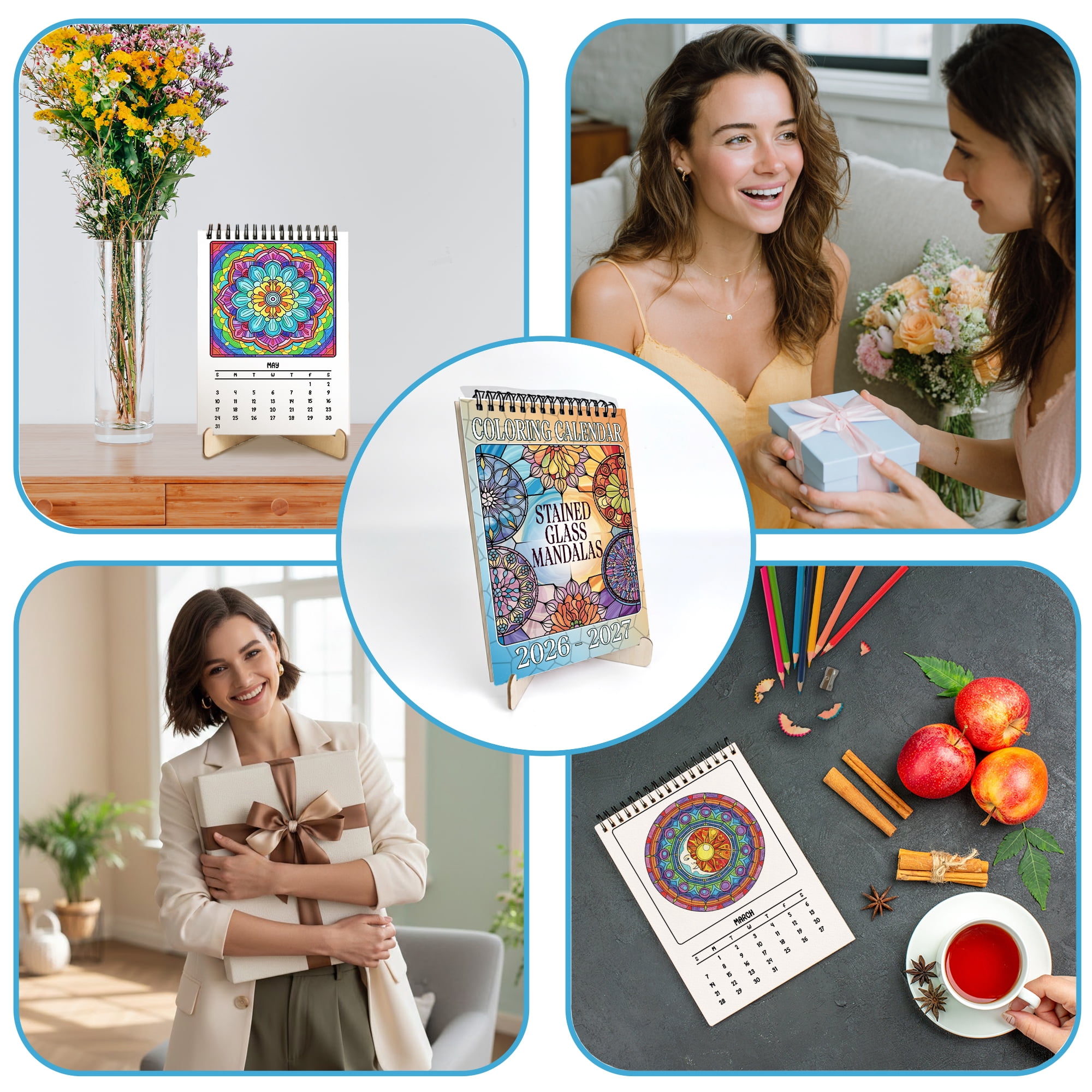 Stained Glass Mandalas Coloring Desk Calendar 2026–2027, A5 Wooden Cover Planner with 26 Easy Coloring Pages for Adult Relaxation, 24 Month Desktop Calendar with Stand, Gift for Family & Friends
