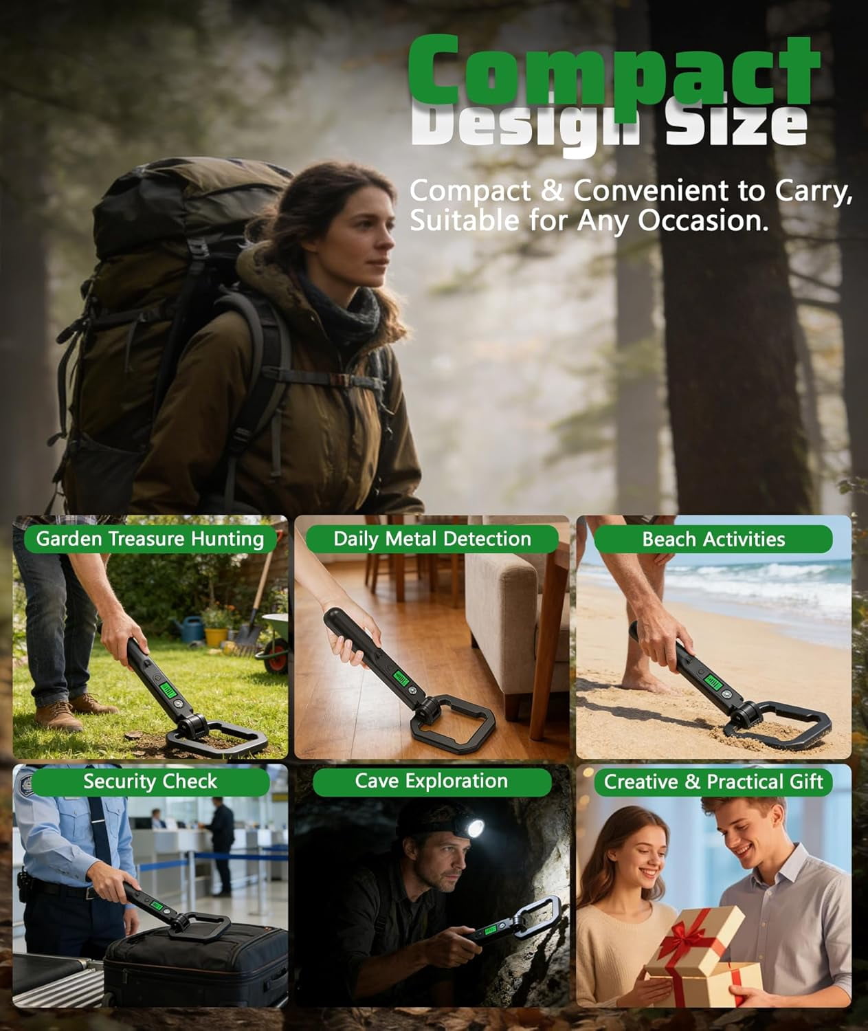 CSONGAZA Foldable Handheld Metal Detector - IP66 Waterproof, Kids & Adults Lightweight Portable 360° Detection Tool with LCD Display, Compass & LED Light