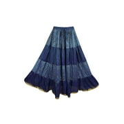 Mogul Women's Blue Broom Maxi Skirt Elastic Waist Silk Sari Vintage Long Skirts