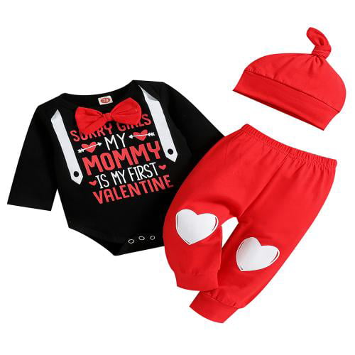 Seyouag Valentines Day Outfit Baby Boy Gentleman My First Valentines Day Long Sleeve Romper and Heart Pants Clothes Set 