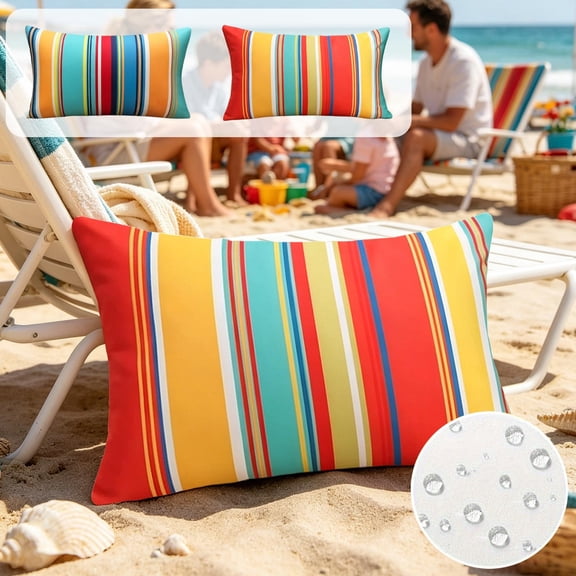 Yhmxh Waterproof Outdoor Lumbar Throw Pillow Cover, Rainbow Stripes Rectangular Cushion Case, Weather Resistant Patio Pillowcase for Garden, Beach Chair, Porch Sofa, Couch Decoration 12x20 Inch