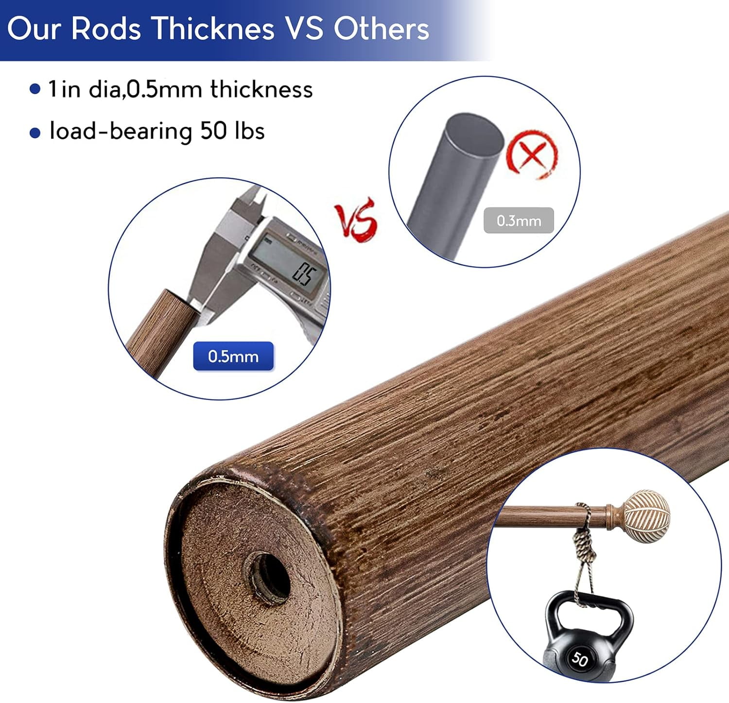Unconsil 1" Imitation Wood Grain Leaf Pattern Finials Adjustable Single Curtain Rods, 48"-86"