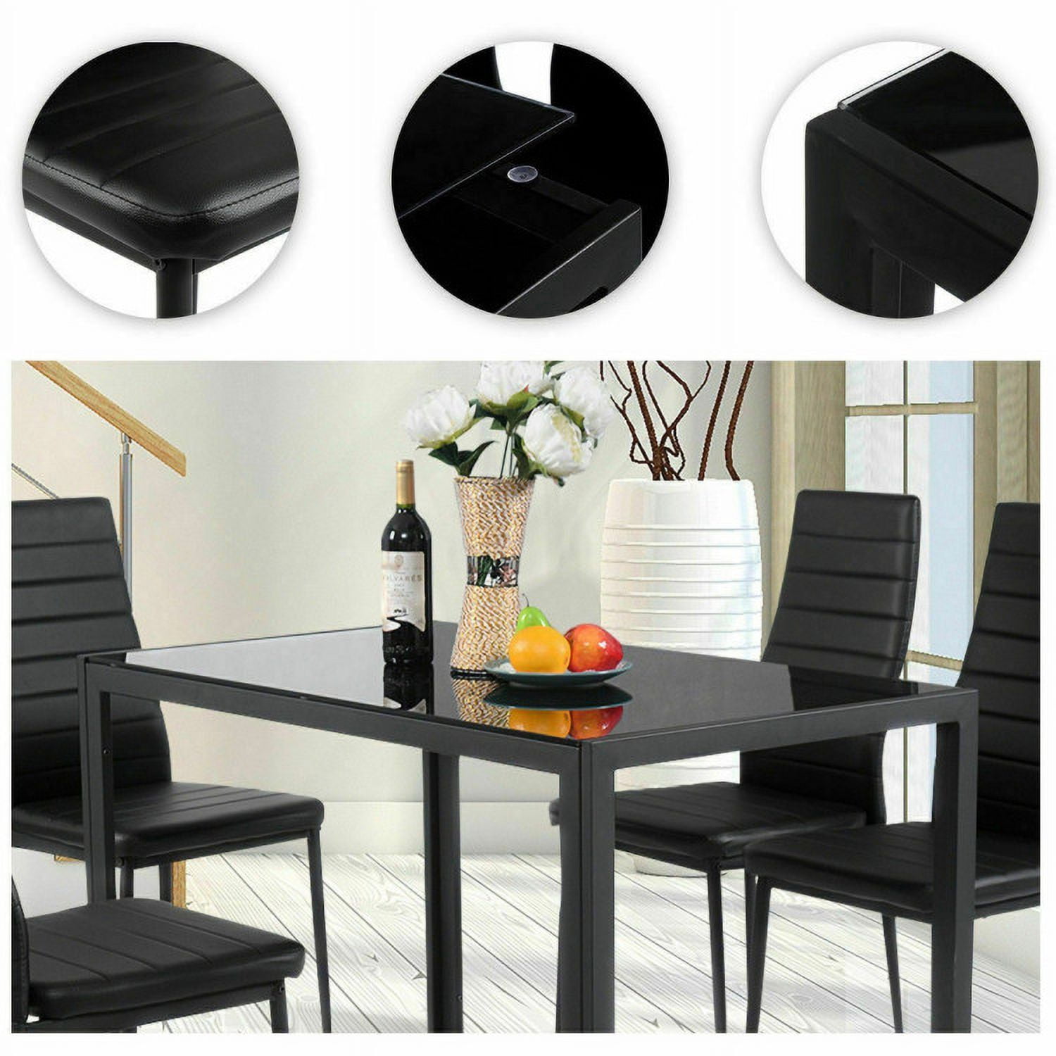 Finihen Dining Set, Dining Table Set, 5 Pieces Metal Frame and Glass Tabletop Dining Set, for Home, Restaurant, Black Finihen Dining Set, Dining Table Set, 5 Pieces Metal Frame and Glass Tabletop Dining Set, for Home, Restaurant, Black