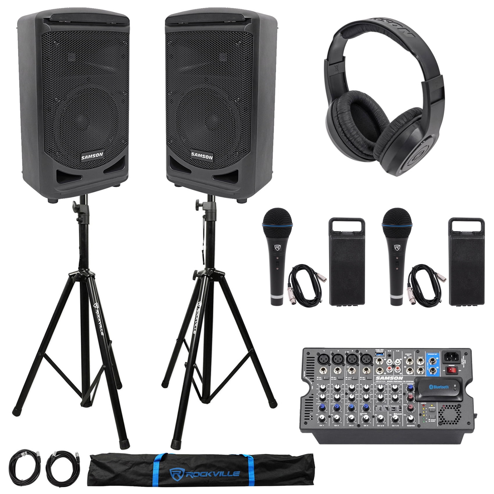 Samson Expedition XP800 800w 8" PA DJ Speakers+Mixer+Stands+Headphones