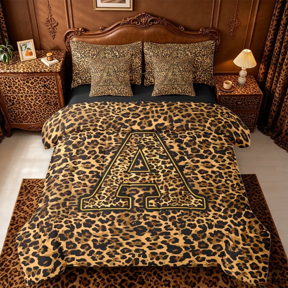 jejeloiu Cheetah Animal Monogram A 7-Piece Twin Bedding Sets For Kids,Classic Print Letter Design Bedding Comforter Set,Black Reversible