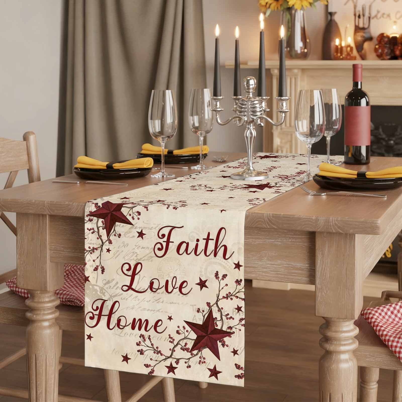 Vintage Country Cotton Linen Table Runner for Dining Kitchen, Vintage Rustic Texas Stars Plants Branch Wedding Outdoor Party Tablerunners, Dresser Scarf Coffee Tablecloth Runners 13x60 Inches