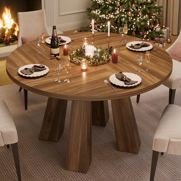 47" Round Dining Table for 4-6, Wood Kitchen Table with Sturdy Base, Farmhouse Circle Dinner Table for Dining Room, Living Room, 4 Strong Legs, Walnut