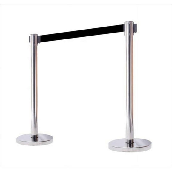 VIP Crowd Control 1109 14 in. Flat Base Mirror Post & Cover Retractable Belt Stanchion - 6.5 ft. Black Belt
