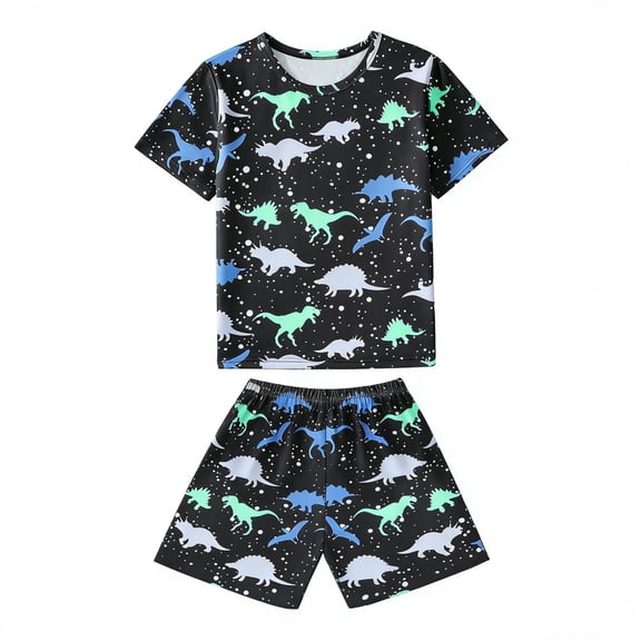 Girls Outfits 2 Piece Dinosaur Print Crew Neck Short Sleeve Lightweight T-Shirt And Shorts Loungewear Girls' Clothing Sets 3 Years-4 Years