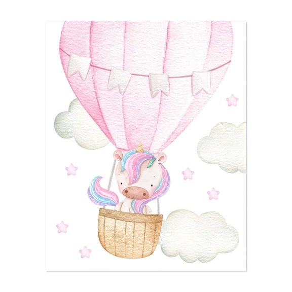 Pink Hot Air Balloon, Magic Unicorn, Stars, Girl Nursery - Illustration Whimsical Watercolor Pastel Hot Air Balloon Animal Unframed Wall Art Print 6 x 8 inches
