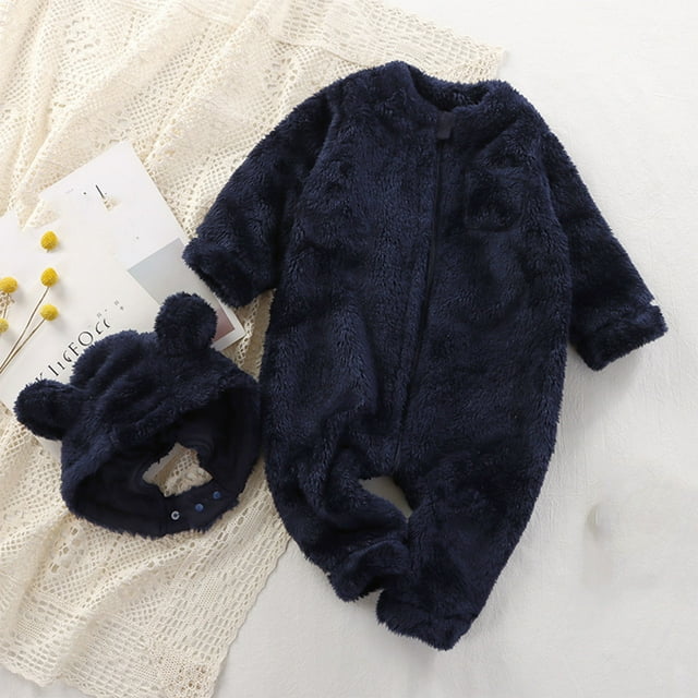 HOZADOIE Unisex Baby Bear Onesies Set Fleece Cute Bear Stylish Zipper Closure Solid Color Long Sleeve Fall Winter Warmth Romper With Matching Detachable Zippered Hood 6Months-2 Years