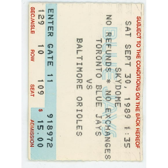 Blue Jays Vs. Baltimore Orioles Vintage Ticket Stub Skydome (Toronto, 1989)