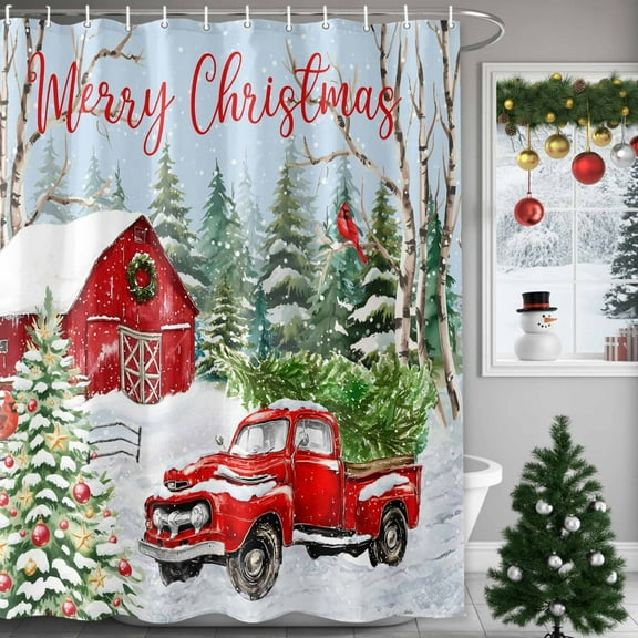Christmas Red Barn Truck Shower Curtains for Bathroom, Winter Xmas Tree Snowflake Cardinal Waterproof Fabric Shower Curtain for Bathroom Bathtub Decoration, Machine Washable, 54x"78"