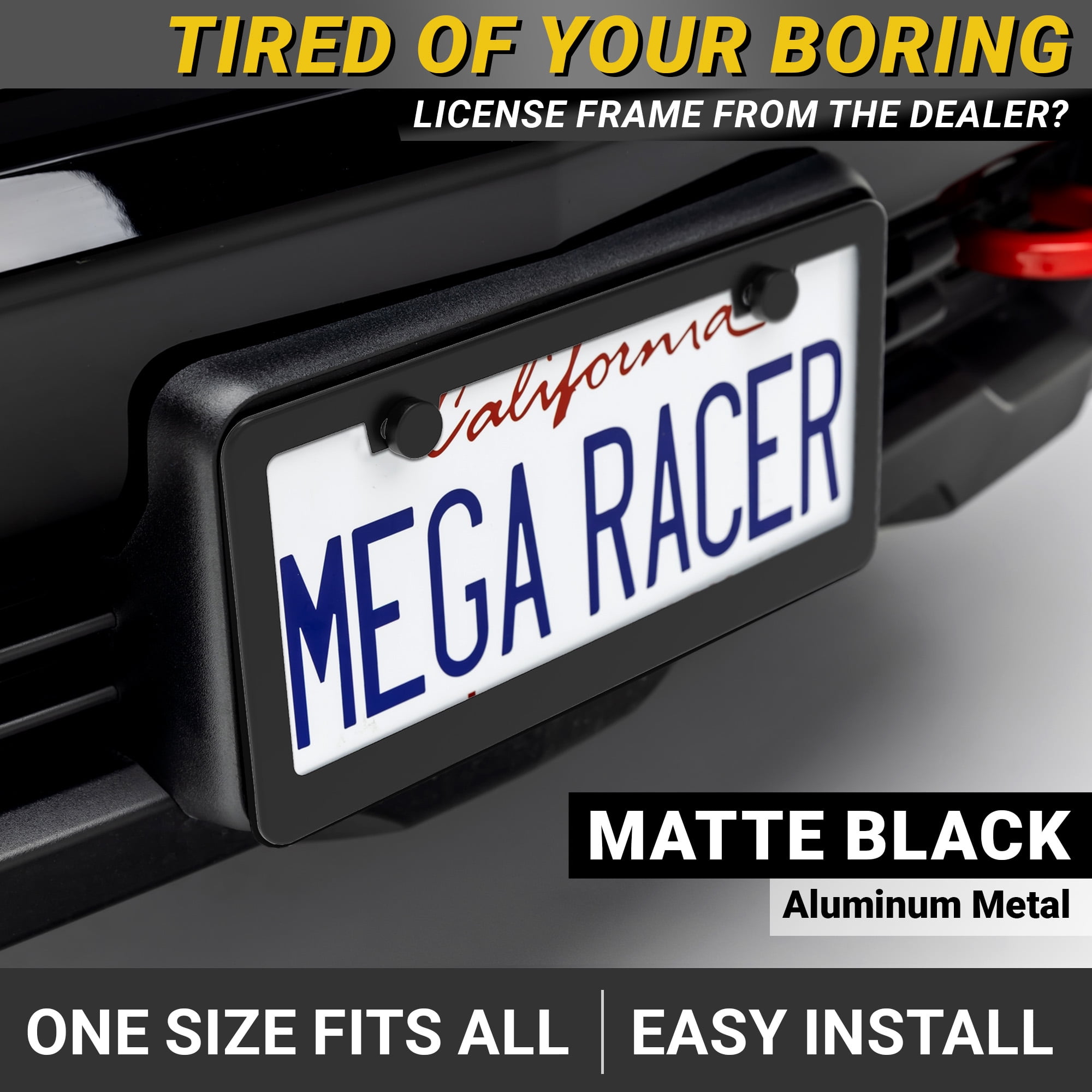 Mega Racer Matte Black License Plate Frame (2 Pack) – Stainless Steel, Rattle-Free, Rust-Resistant, Slim Top Wide Bottom Design, Front & Rear Plate Holder with Black Screw Caps