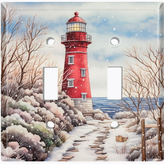 Metal Light Switch Wall Plate Outlet Cover (Printed Image of Red Lighthouse - Double Toggle)